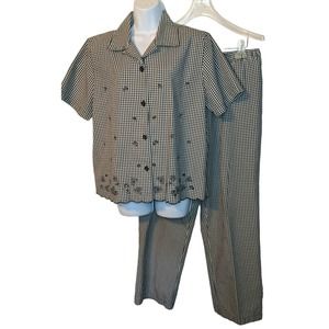 Draper's & Damon's Women's 2 pc Blouse & Pants Sz L Black White Gingham Check